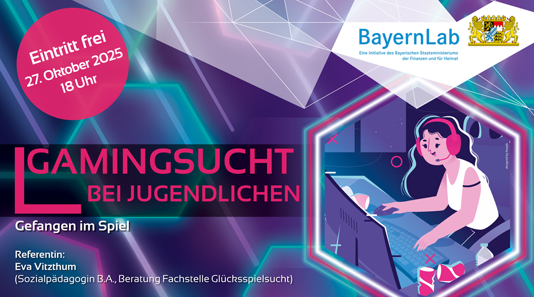 Plakat Gamingsucht bei Jugendlichen Plakat mit violett-blauem Hintergrund und leuchtenden geometrischen Linien. Links oben ein roter Kreis mit der Aufschrift „Eintritt frei, 27. Oktober 2025, 18 Uhr“. Rechts eine Illustration: Ein Jugendlicher mit Kopfhörern sitzt vor einem Computerbildschirm, daneben Getränke- und Snackverpackungen. In der Mitte des Plakats ist der Veranstaltungstitel „Gamingsucht bei Jugendlichen“ hervorgehoben. Weitere Details wie Untertitel und Referentin sind im Text angegeben.